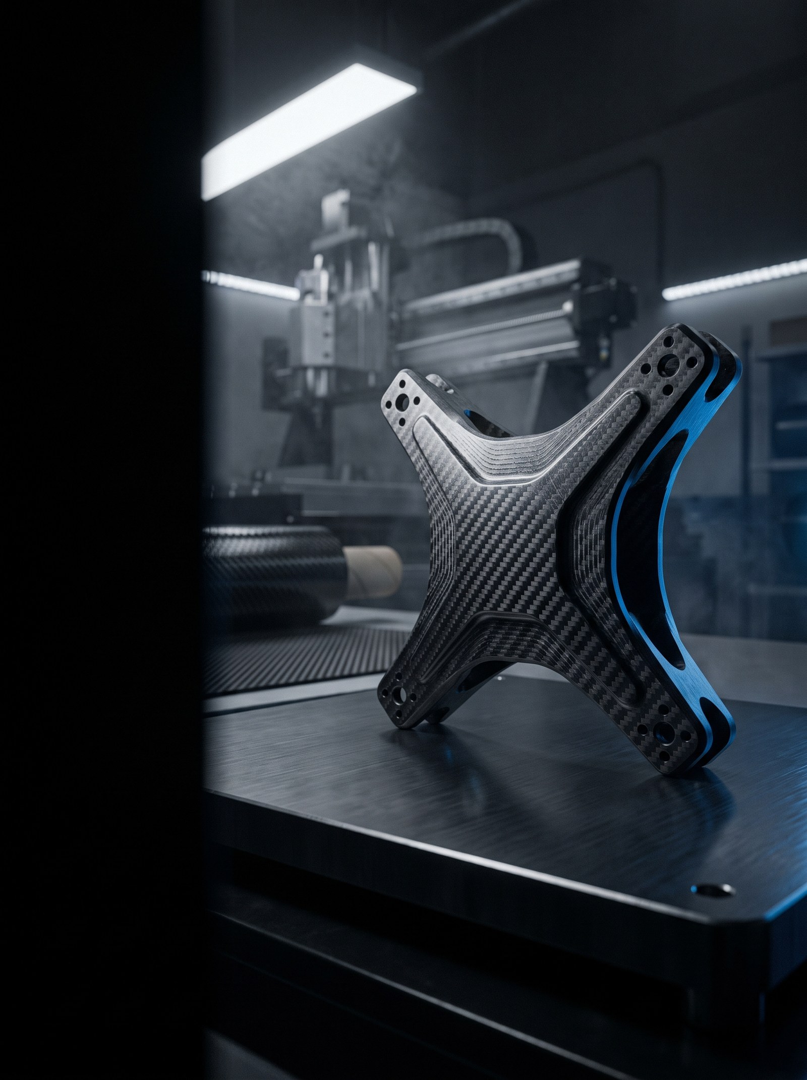CNC-machined carbon fiber drone frame junction in the WOA Builders fabrication facility