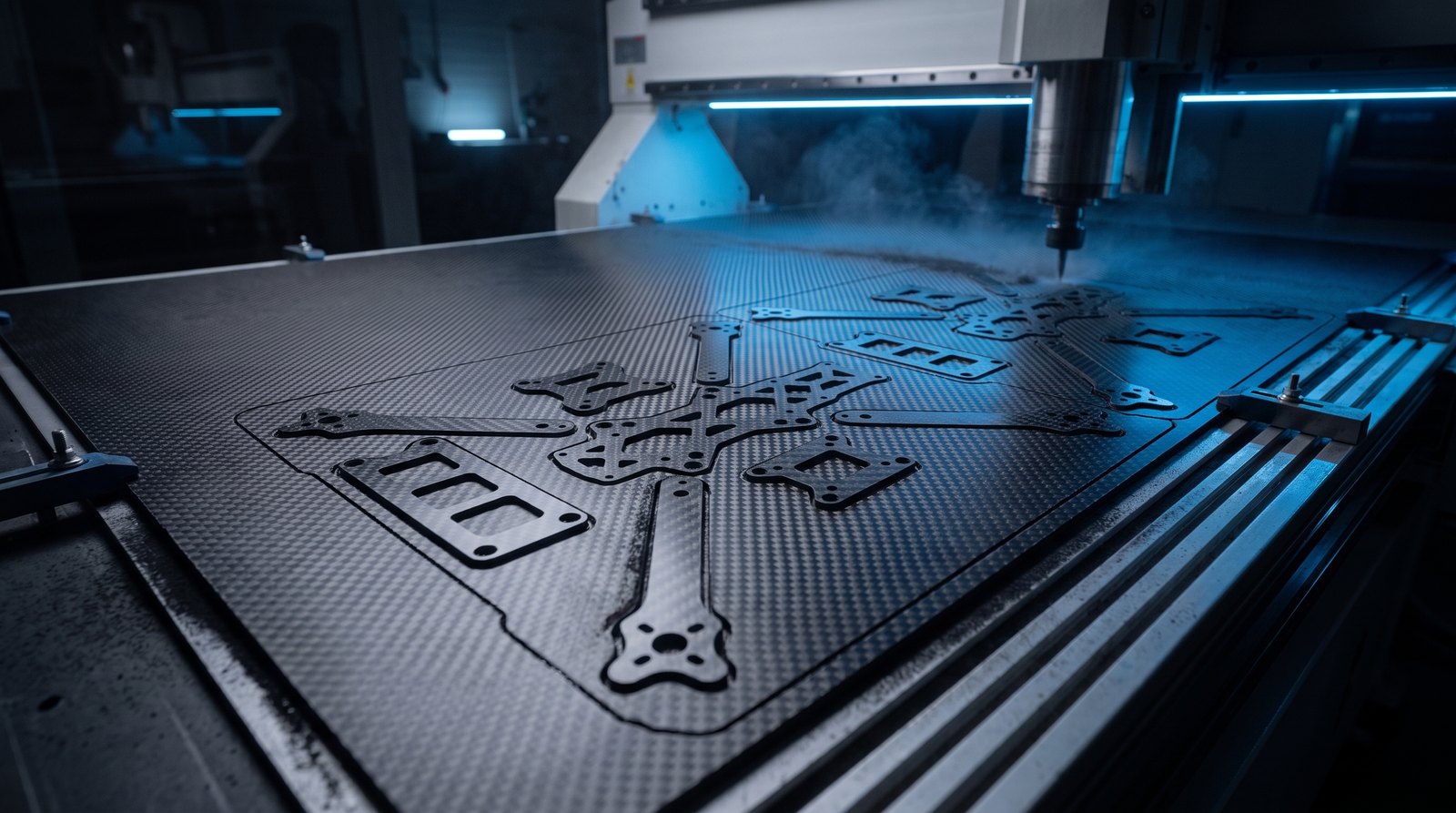Nested drone frame components being CNC-cut from a carbon fiber sheet